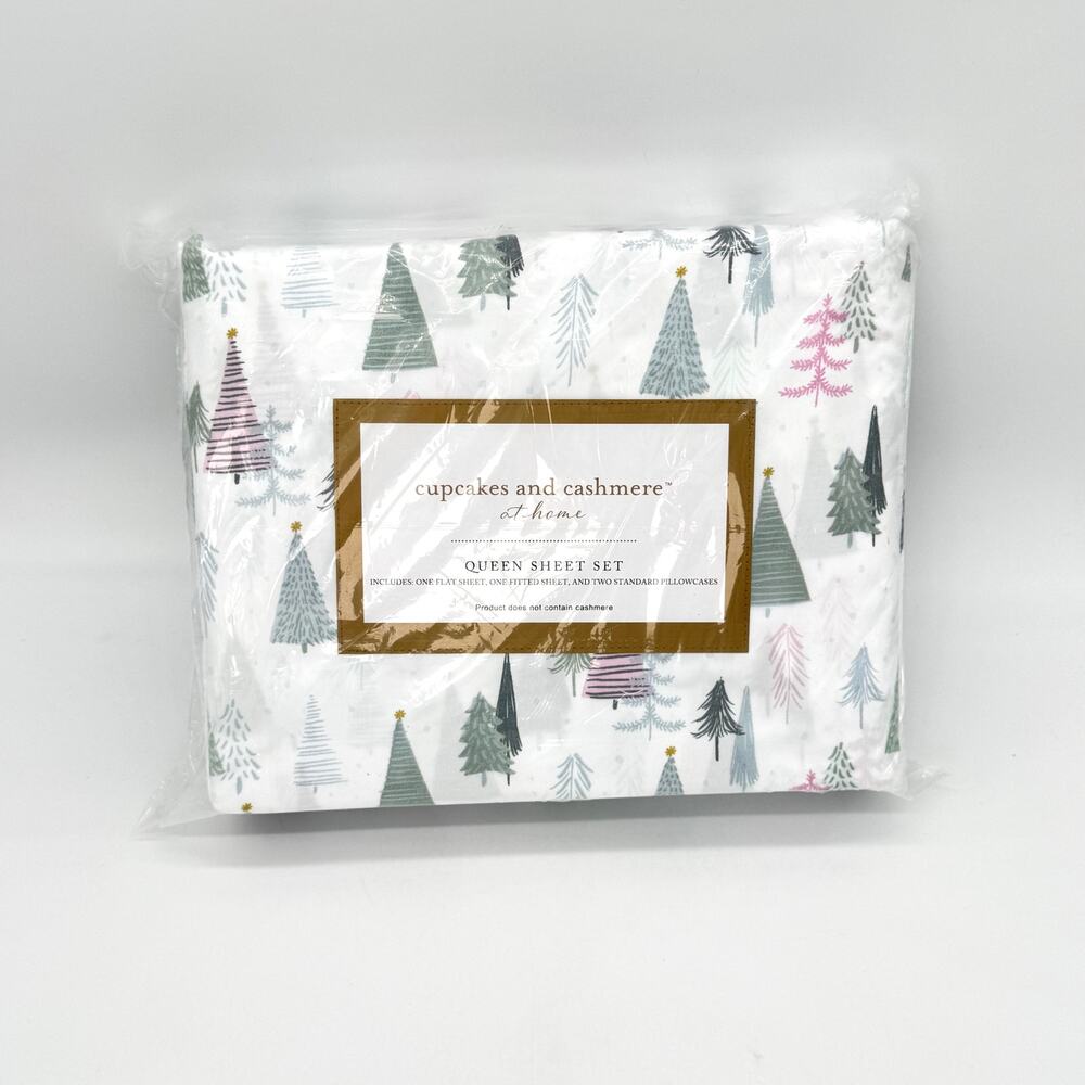 Cupcakes & Cashmere Amsterdamn Trees Pastel Christmas Tree QUEEN Sheet Set NEW